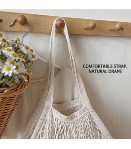 Detail of hollow woven net bag featuring cotton rope texture and stylish fringe tassels