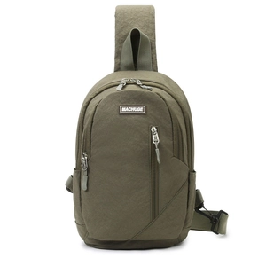 Olive green lightweight nylon sling bag with MACHUGE rubber patch and adjustable straps