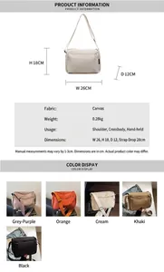 Detail showing dimensions 26x18x12cm and weight 0.28kg of the canvas crossbody bag