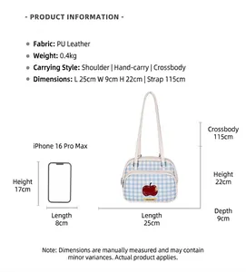 Size chart showing blue plaid tote dimensions and iPhone 16 Pro Max scale comparison