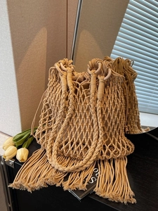 Bohemian Hand-Woven Macrame Bucket Bag With Tassels Hollow Cotton Rope Large Capacity Summer Beach Crossbody Bag For Women