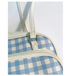 Close-up of blue and white plaid tote bag with silver metal buckle and zipper detail