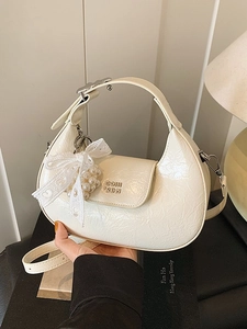 Women Wrinkled PU Leather Half Moon Crossbody Bag With Artificial Pearl Heart Lace Bow Charm Korean Style Hobo Handbag