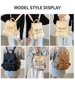 Detailed view of fashionable faux leather backpacks with multi-pockets and buckle straps