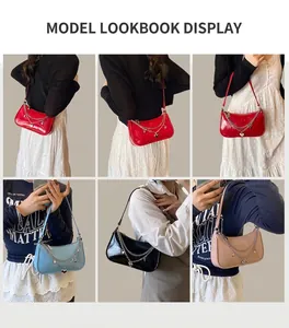 Collage of chic leather underarm bags in various colors with metallic heart chain details