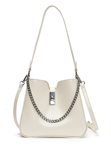 Minimalist white trapezoid bucket bag with silver twist lock and metal chain strap