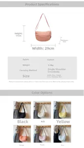 Detailed spec chart of a nylon crescent crossbody bag in six vibrant colors
