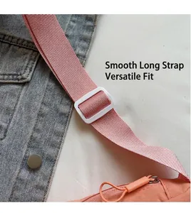 Detail of adjustable coral pink nylon crossbody bag strap with white rectangular buckle