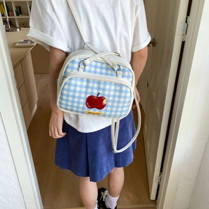 Blue and white plaid tote bag with apple embroidery shown on a model in a home setting