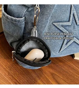 Detail of light blue denim coin purse charm with zipper and silver metal snap hook