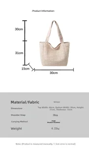 Detailed dimension chart for large woven straw tote bag with 30cm handle drop height