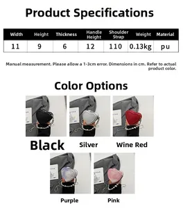 Detailed size chart showing dimensions and colors for heart-shaped mini crossbody bag