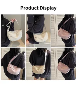 Detail shots of large nylon crossbody bags in beige and lavender shown on a model