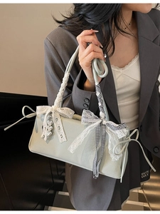 Women French Vintage Lace Bow Shoulder Bag Large Capacity PU Leather Crossbody Handbag With Checkered Ribbon Heart Pendant