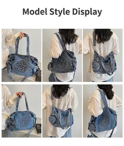 Detail view of blue denim tote bag featuring star patch embroidery and small coin pouch