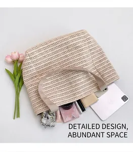 Macro shot of large capacity woven tote bag with tablet, phone, and makeup inside