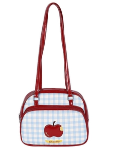 Blue and white plaid tote bag with red faux leather handles and apple embroidery detail