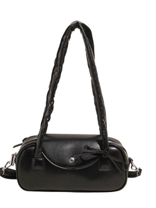 Minimalistische schwarze PU-Handtasche mit plissiertem Griff und Schleife