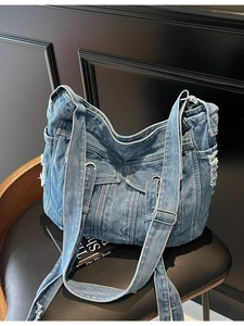 Retro Washed Denim Shoulder Bag For Women Large Capacity Distressed Crossbody Tote Bag Fashion Street Style Daily Handbag