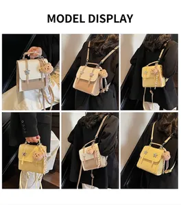 Detailed views of mini backpack showing handheld and shoulder styles with cute bear charm