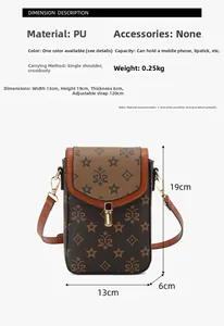 Detailed size specifications of brown PU leather crossbody bag with star pattern print