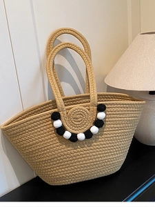 Sac Cabas en Paille Tissé à la Main pour Femme Avec Pompons Colorés Noirs et Blancs Grande Capacité Sac à Main de Plage d'été Sac Seau Tissé