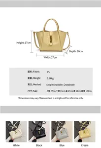 Detailed chart showing croc-embossed bucket bag dimensions and four available color options