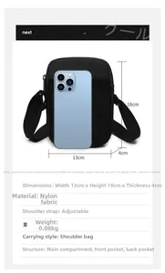 Detailed dimensions of the black nylon phone bag with adjustable strap and multi-pocket
