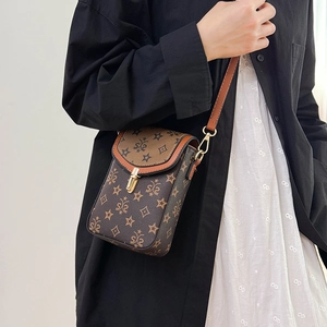 Detail showing retro brown monogram crossbody phone bag with gold metal buckle on shoulder