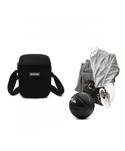 Detail of black crossbody phone bag featuring a mesh pocket and Machuge logo on white background