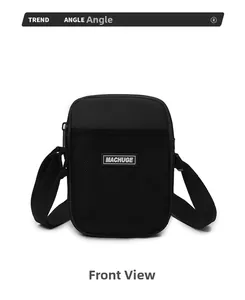 Detailed front view of black nylon crossbody bag featuring mesh pocket and adjustable strap