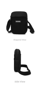Dual view of black nylon crossbody bag showing oblique and side profiles with mesh pocket