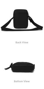 Rear view and wide bottom detail of a black compact crossbody bag with pocket