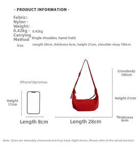 Size chart showing red nylon crossbody bag dimensions 28x21x6cm with phone comparison