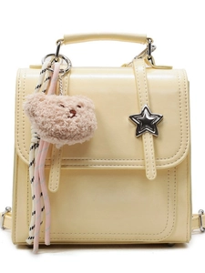 Pale yellow PU leather mini backpack with star buckle and plush bear pendant for women