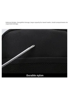 Detail shot of durable black nylon fabric showing scratch resistance and mesh compartment