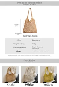Detailed size specifications and color variants of the hollow woven cotton beach tote bag