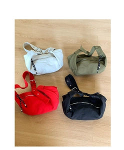 Nylon half-moon crossbody bags in beige, green, red, and black with adjustable straps
