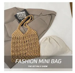 Detail showing handwoven hollow shoulder bag with a canvas drawstring inner pouch