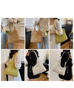 Chic hollow out cotton woven shoulder bag shown in various lifestyle outfit combinations