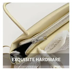 Close-up of smooth silver metal zipper and white lace ribbon on pale yellow tote bag