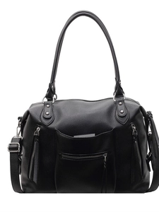 Large vintage black litchi grain leather tote bag with silver zippers and crossbody strap