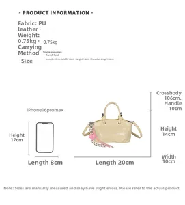 Detailed size specifications of the cream bucket bag with dimensions and phone comparison