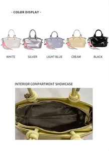 Detail of multi-color bucket bags with knotted handle and heart tassel decoration