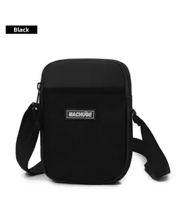 Close-up of black nylon crossbody phone bag featuring a mesh pocket and adjustable strap