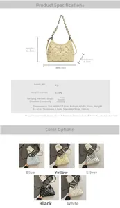 Detailed view of quilted chain shoulder bag dimensions and five color options in PU leather