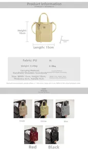 Size chart for mini PU tote bag measuring 15x18x6cm in khaki, yellow, blue, red, and black