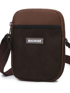 Portable canvas mini crossbody bag in brown patchwork with adjustable strap
