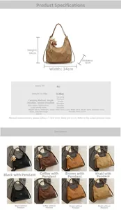 Detail specifications of large PU tote bag showing dimensions and four available colors