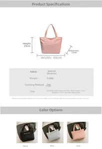 Detailed size specifications and color options for the large nylon tote shoulder bag
